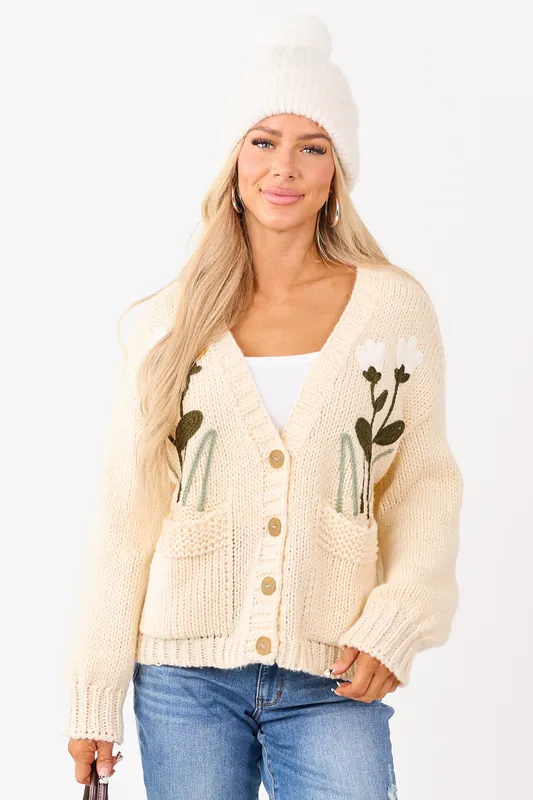 Champagne Floral Embroidery Button Up Knit Cardigan - Blu Pepper