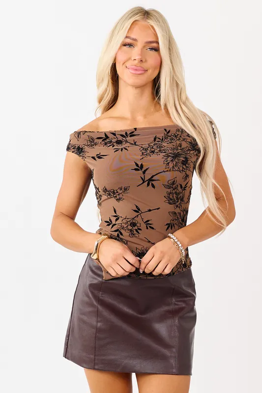 Coffee Floral Velvet Burnout Mesh Off Shoulder Top - Tictoc