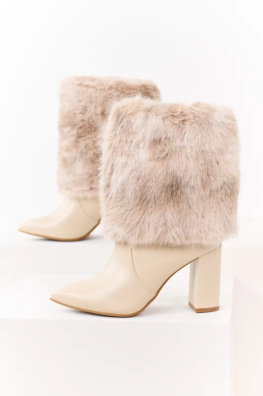 Almond Faux Fur Overlay Faux Leather Heel Booties - JP ORIGINAL CORP