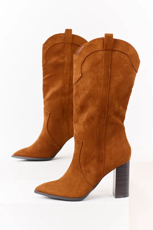 Caramel Faux Suede Western Block Heel Tall Boots - JP ORIGINAL CORP