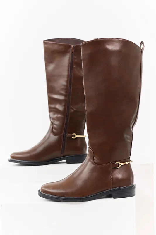 Sepia Faux Leather Horsebit Detail Tall Riding Boots - JP ORIGINAL CORP