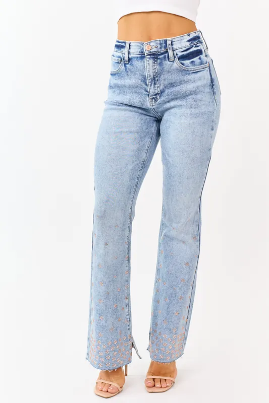 Saige Tummy Control Floral Rhinestone Stretch Flare Jeans - Saige Denim