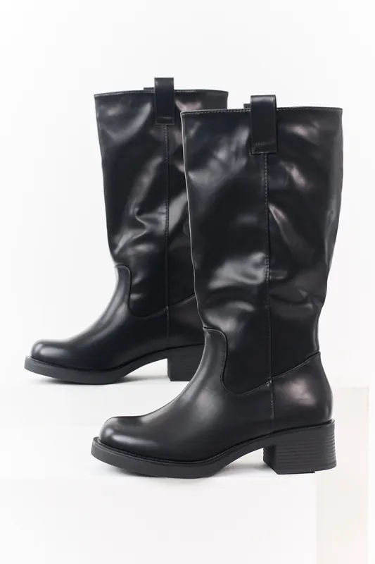 Black Faux Leather Tall Stacked Heel Boots - JP ORIGINAL CORP