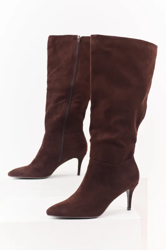 Chocolate Faux Suede Kitten Heel Tall Boots - JP ORIGINAL CORP