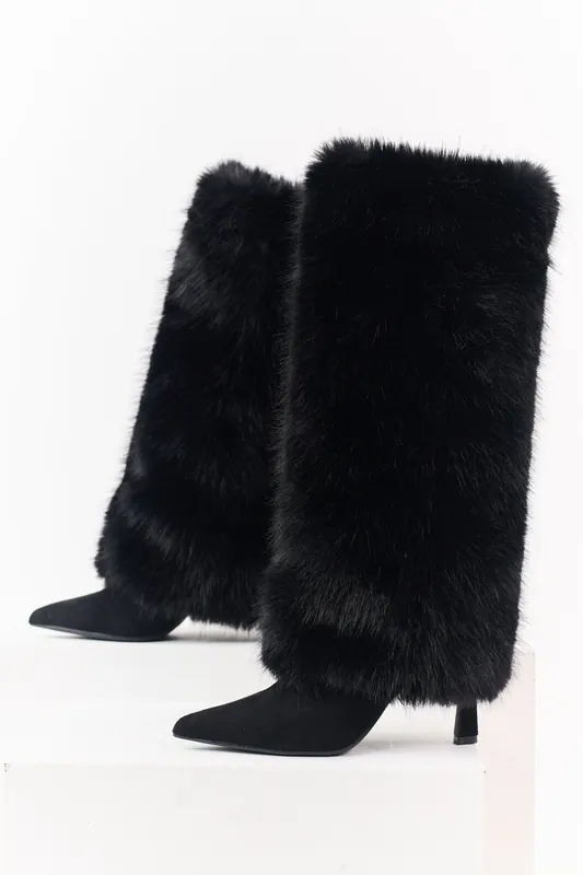 Black Microsuede Faux Fur Overlay Stiletto Boots - JP ORIGINAL CORP
