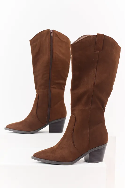 Walnut Faux Suede Block Heel Pointed Toe Tall Boots - JP ORIGINAL CORP