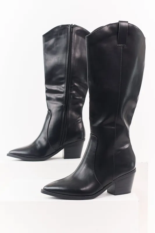 Black Faux Leather Block Heel Pointed Toe Tall Boots - JP ORIGINAL CORP