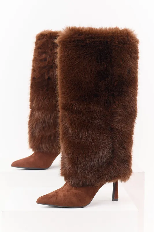 Sepia Microsuede Faux Fur Overlay Stiletto Boots - JP ORIGINAL CORP