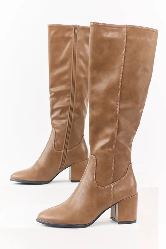 Latte Faux Leather Tall Block Heel Boots - JP ORIGINAL CORP