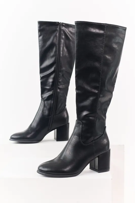 Black Faux Leather Tall Block Heel Boots - JP ORIGINAL CORP