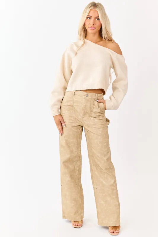 Beige Mineral Wash Faux Leather Wide Leg Pants - Fore Collection
