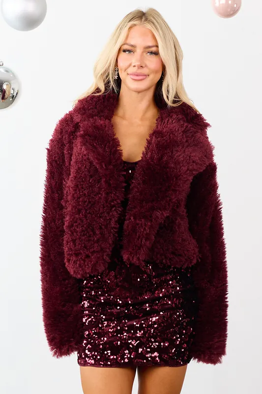 Wine Soft Fuzzy Textured Open Front Collared Coat - Fore Collection