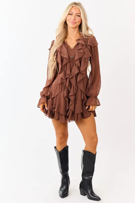 Walnut Ruffled Front Tie Long Sleeve Mini Dress - Mustard Seed