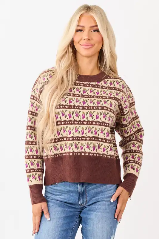 Listicle Chocolate Abstract Floral Knit Sweater