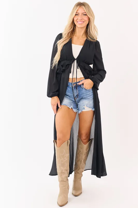Black Front Tie Side Cut Out Sheer Duster Cardigan - Privy