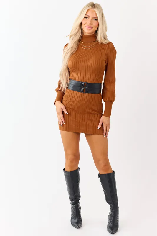Caramel Ribbed Knit Belted Turtleneck Sweater Dress - Privy
