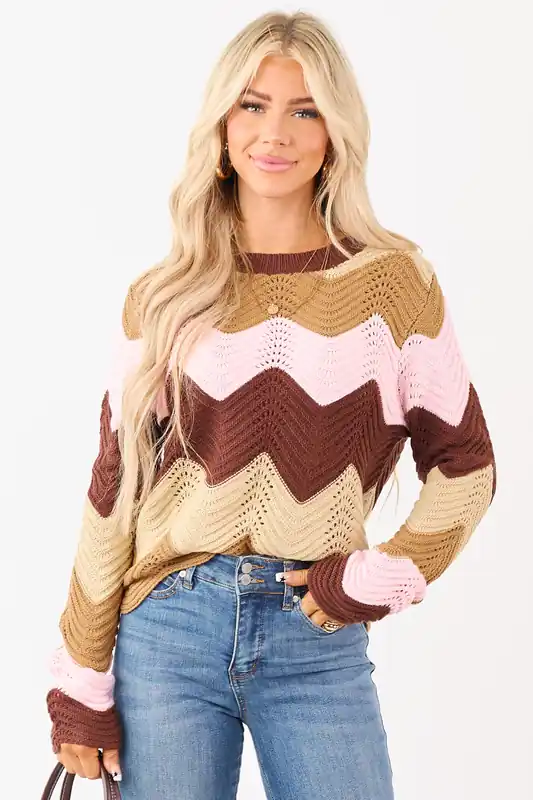 Chocolate Wavy Colorblock Stripe Pointelle Sweater - LovLov