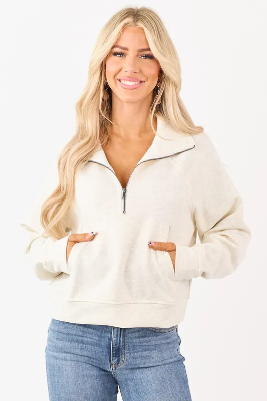 Heathered Cream Scuba Knit Pullover Sweatshirt - ZENANA