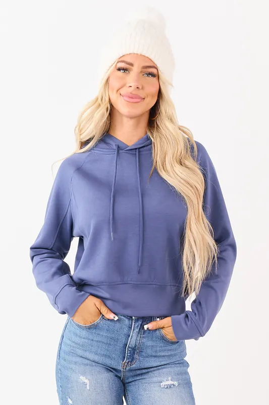 Dusty Blue Soft Scuba Knit Drawstring Hoodie - ZENANA