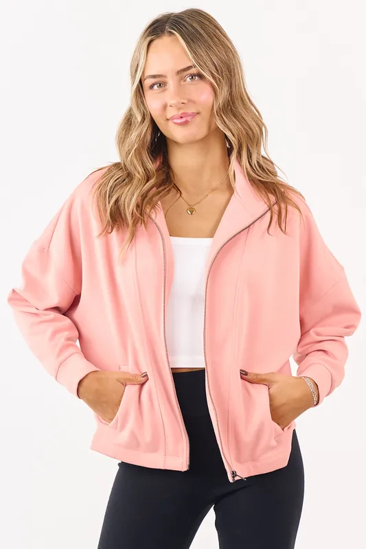 Coral Soft Scuba Knit Mock Neck Zip Up Jacket - ZENANA
