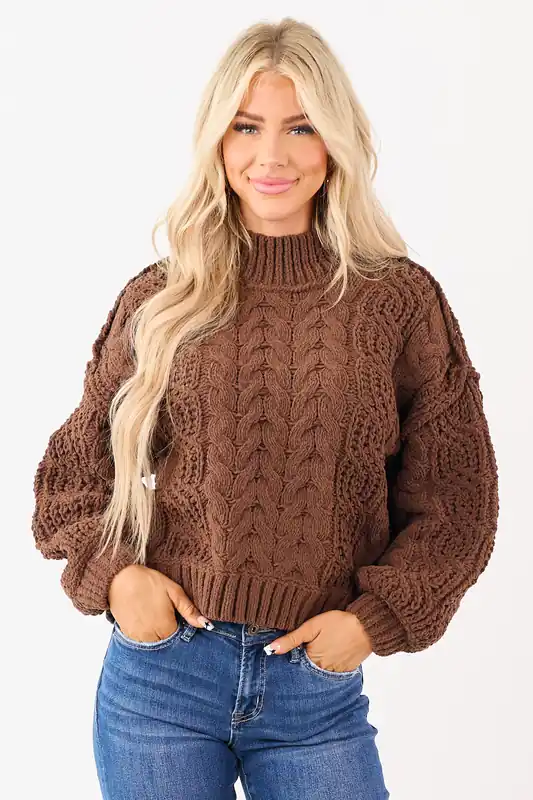 Coffee Cable Knit High Neck Sweater - ZENANA