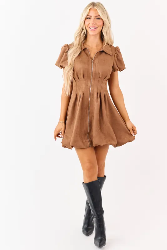 Lovelo Cognac Faux Suede Zip Up Mini Dress - GeeGee