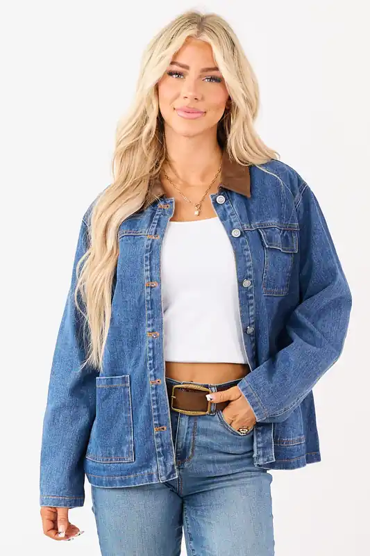 Dark Wash Denim Faux Leather Collar Shacket - Paper Moon