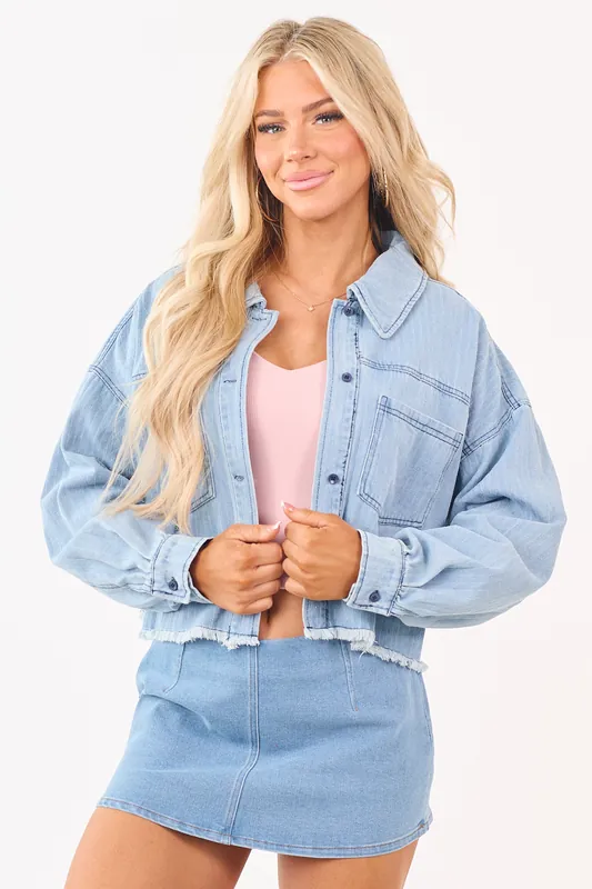 Light Wash Denim Button Down Boxy Shacket - Paper Moon