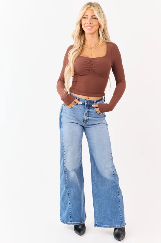Sneak Peek Medium Stonewash Stretchy Wide Leg Jeans