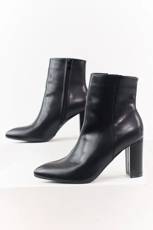 Black Faux Leather Pointed Toe Block Heel Booties - Berness