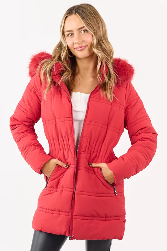 Cranberry Fur Lined Hood Zip Up Long Puffer Coat - Coalition