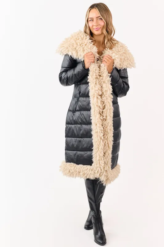 Black Longline Puffer Coat with Contrast Fur Trim - Coalition