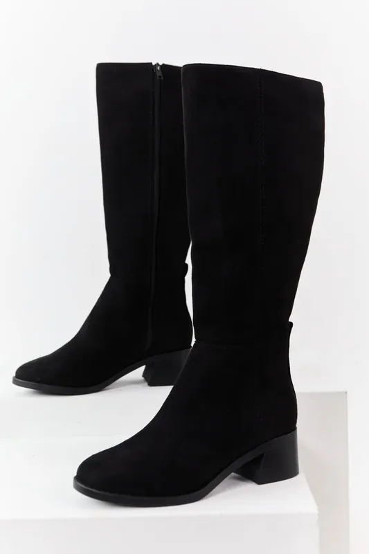 Black Faux Suede Wide Calf Block Heel Tall Boots - FORTUNE DYNAMIC
