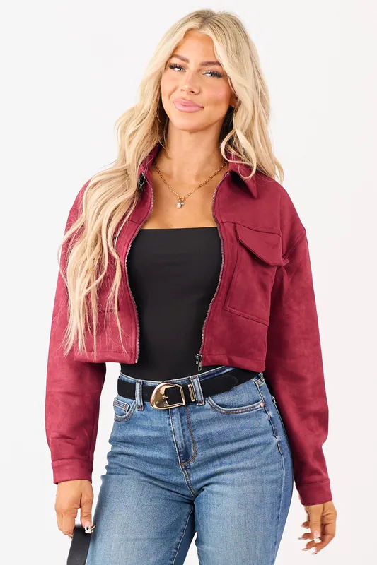 Maroon Faux Suede Cropped Collared Zip Up Jacket - Shop Iris