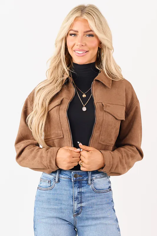 Coffee Faux Suede Cropped Collared Zip Up Jacket - Shop Iris