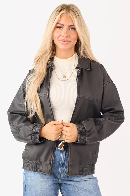Dark Cocoa Faux Leather Zip Up Bomber Jacket - Shop Iris