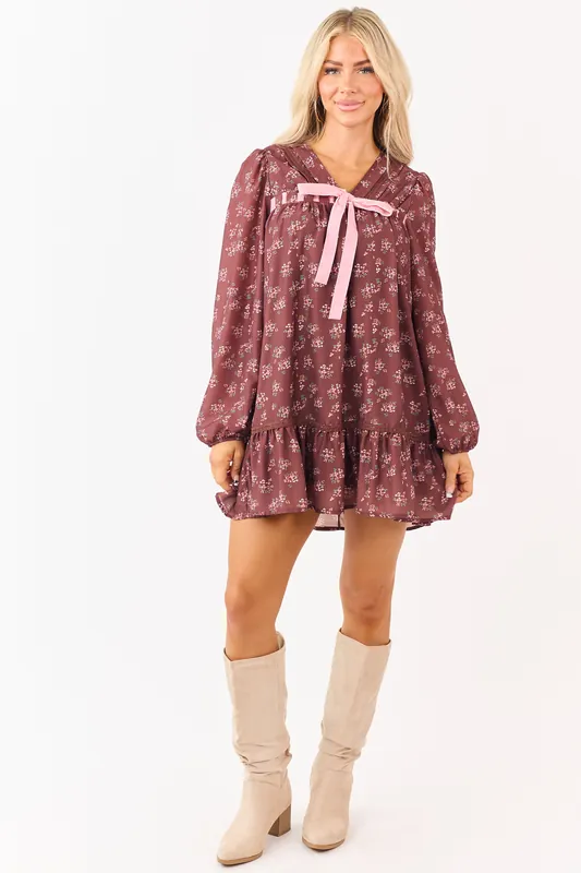 Chocolate Floral Print Front Bow Mini Dress - Very J