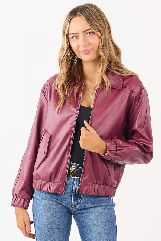 Wine Crinkle Faux Leather Zip Up Bomber Jacket - Shop Iris