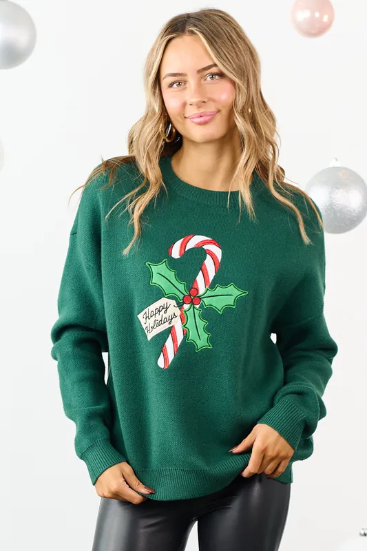 Dark Pine Candy Cane Graphic Relaxed Knit Sweater - Main Strip
