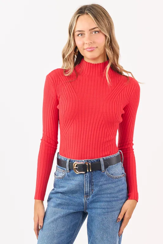 Lipstick Mock Neck Long Sleeve Rib Knit Bodysuit - Timing