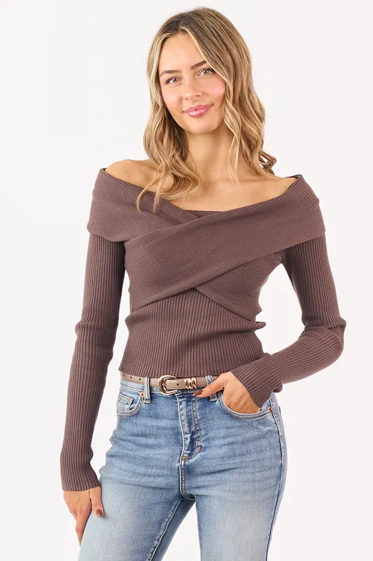 Walnut Off Shoulder Wrap Style Rib Knit Sweater Top - Timing