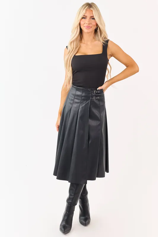 Black Faux Leather Pleated Wrap Style Midi Skirt - Shop Iris
