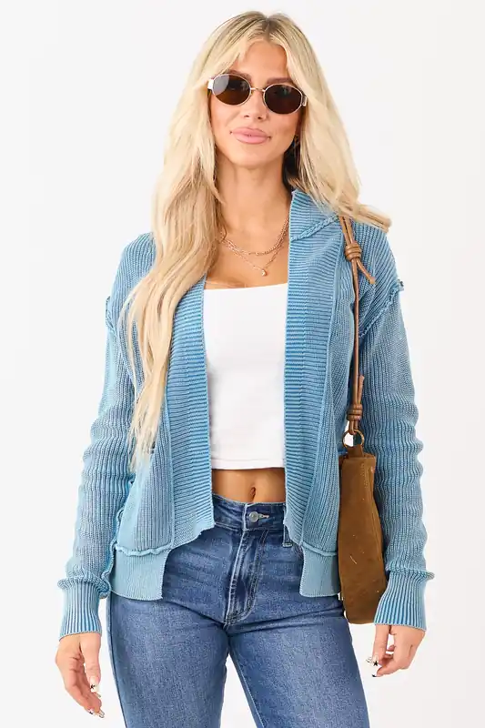 Washed Sea Blue Cotton Open Front Cardigan - Shewin