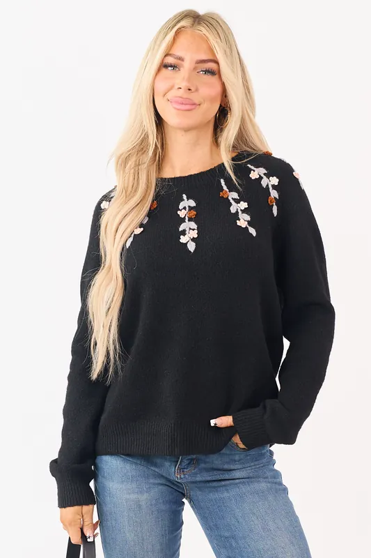Black Floral Yarn Embroidered Long Sleeve Sweater - Camellia Clothing
