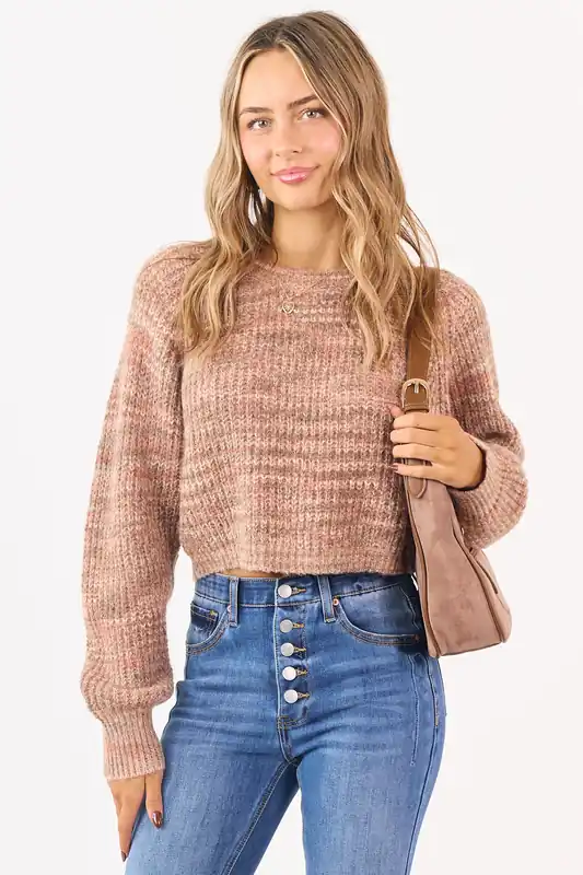 Taupe Ribbed Knit Marled Wool Blend Crop Sweater - Camellia Clothing