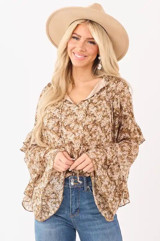 Desert Floral Long Bell Sleeve Ruffle Trim Blouse - Promesa