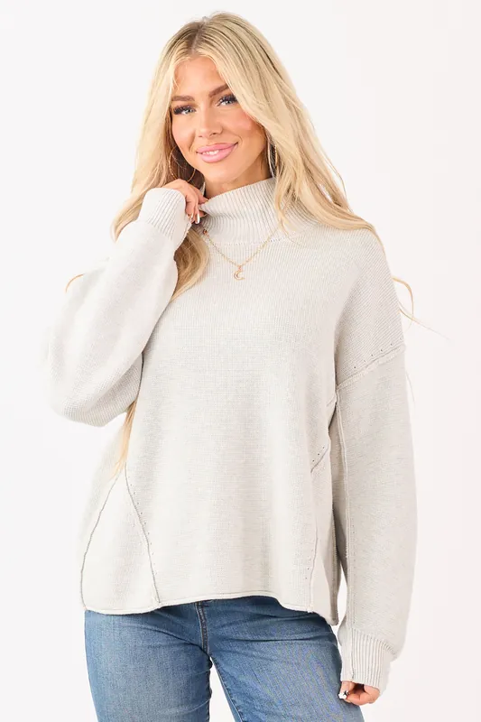 Cloud Grey Mock Neck Exposed Seam Knit Sweater - Promesa