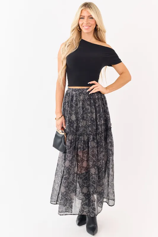 Black Lace Print Organza Tiered Frill Midi Skirt - Promesa