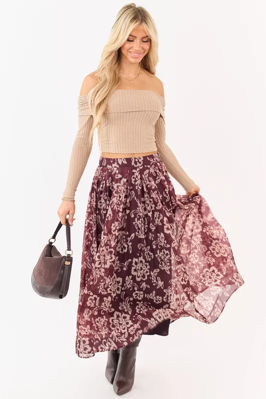 Mahogany and Latte Floral Print Pleated Midi Skirt - Promesa