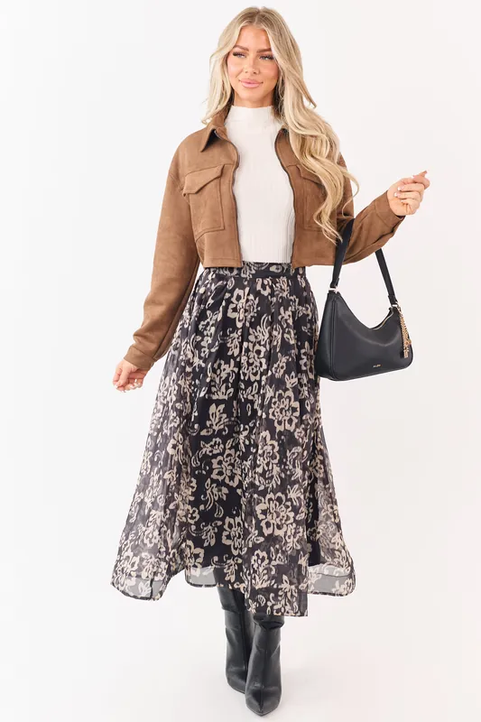 Black and Latte Floral Print Pleated Midi Skirt - Promesa